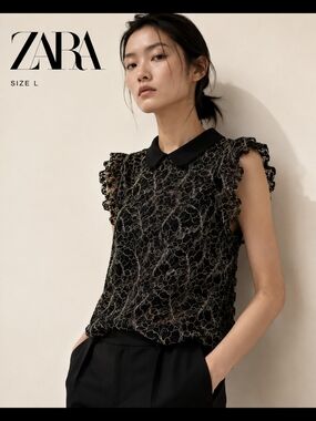 ZARA Black Sheer Lace Blouse Beaded Detail Peter Pan Collar L